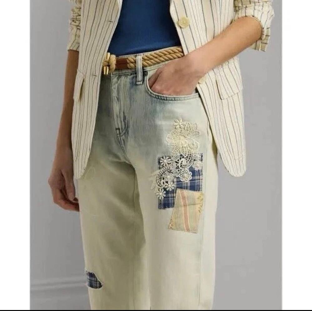 $195 Ralph Lauren 8 Blue Washed Insignia Embellished Patched Tapered Jeans NWT